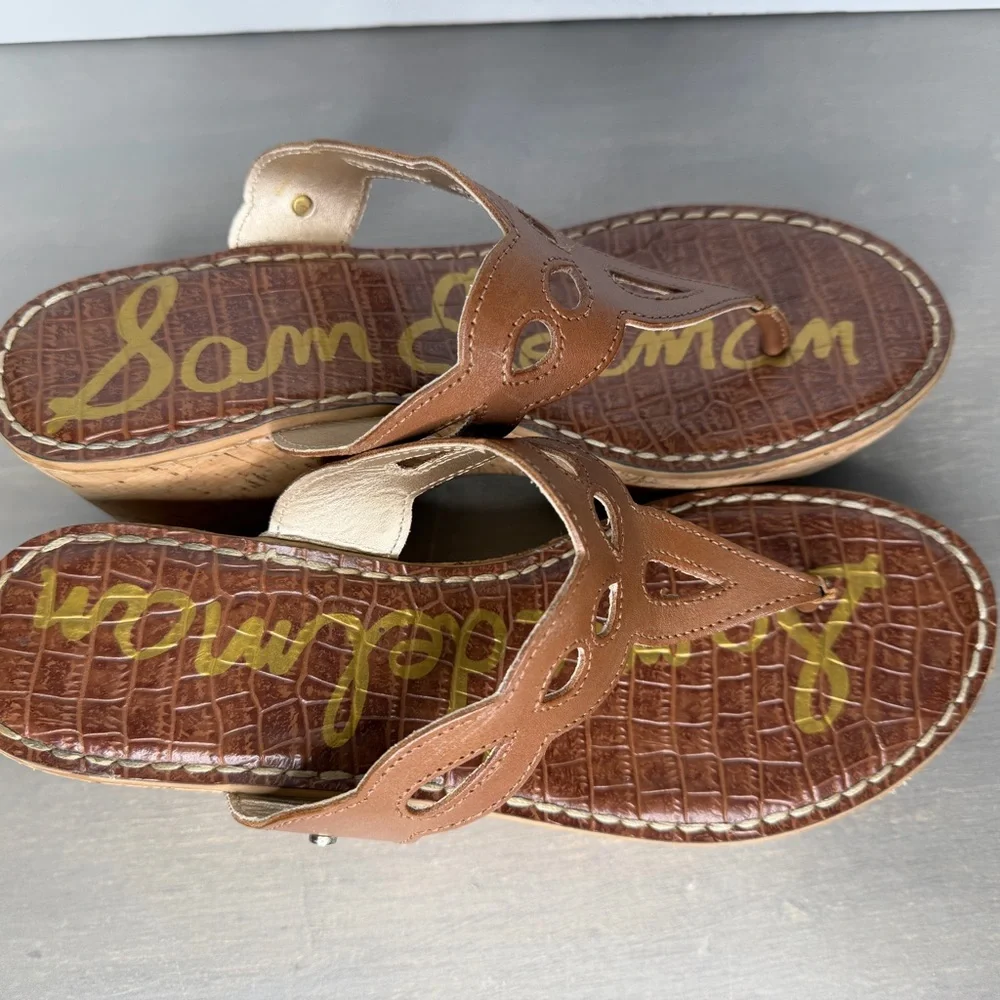 Sam Edelman Ralphie Wedge Sandals Womens 9.5 Brown Leather Cork Thong